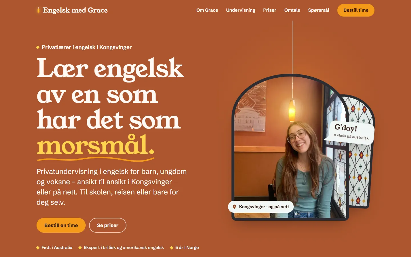 Engelsk med Grace homepage with a terracotta hero and Grace's photo in an arched window