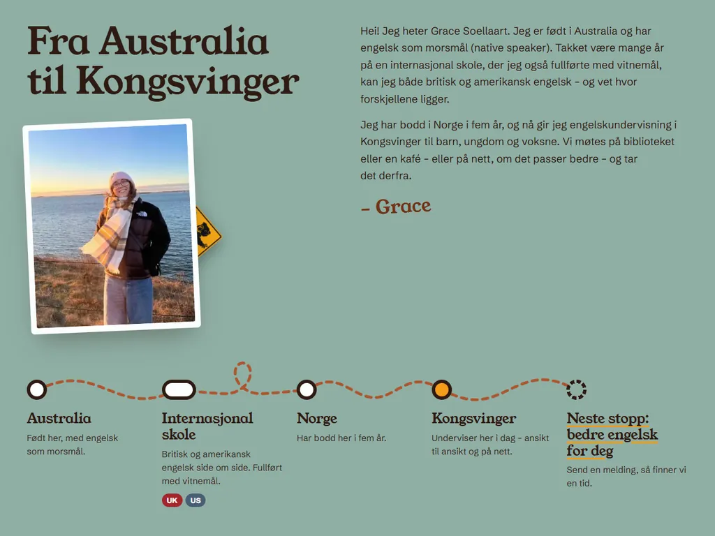 Grace’s story drawn as a dotted route from Australia to Kongsvinger