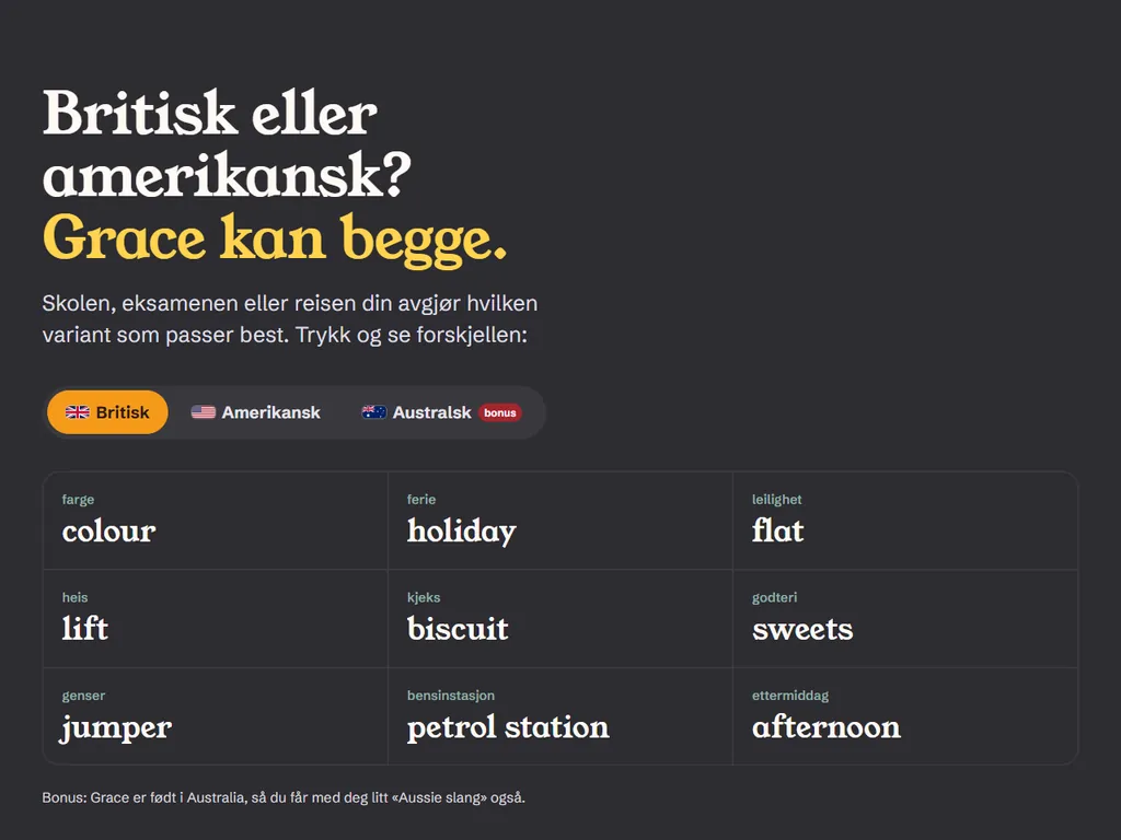 Word switcher comparing British, American and Australian English