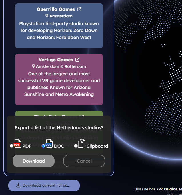 Game Studio Globe export list functionality panel