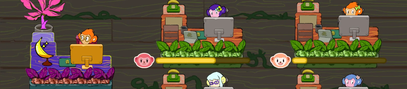 The office with the player’s desk and monkey employees, each with a mood face and progress bar