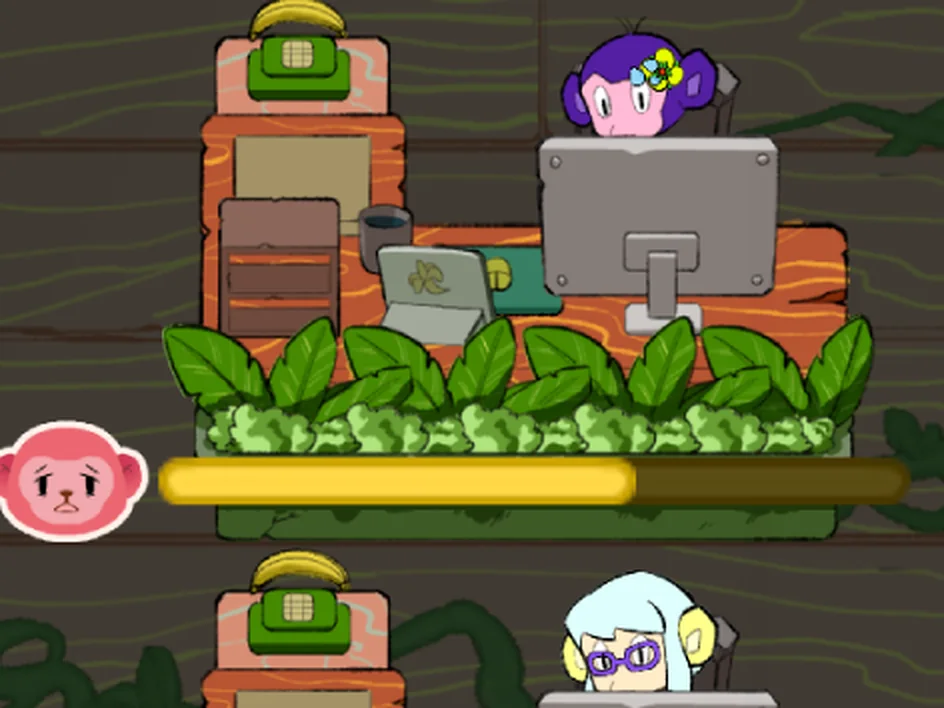 A monkey employee at their office desk with a stress face and task progress bar
