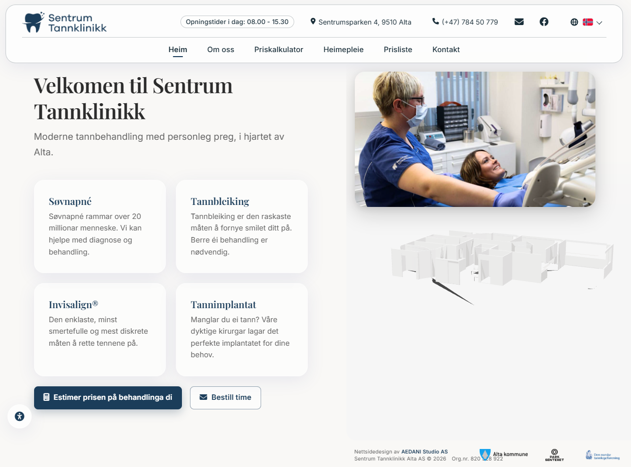 Landing page for Sentrum Tannklinikk Alta website