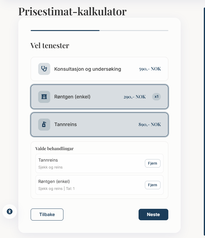 Dental website treatment price estimator interface