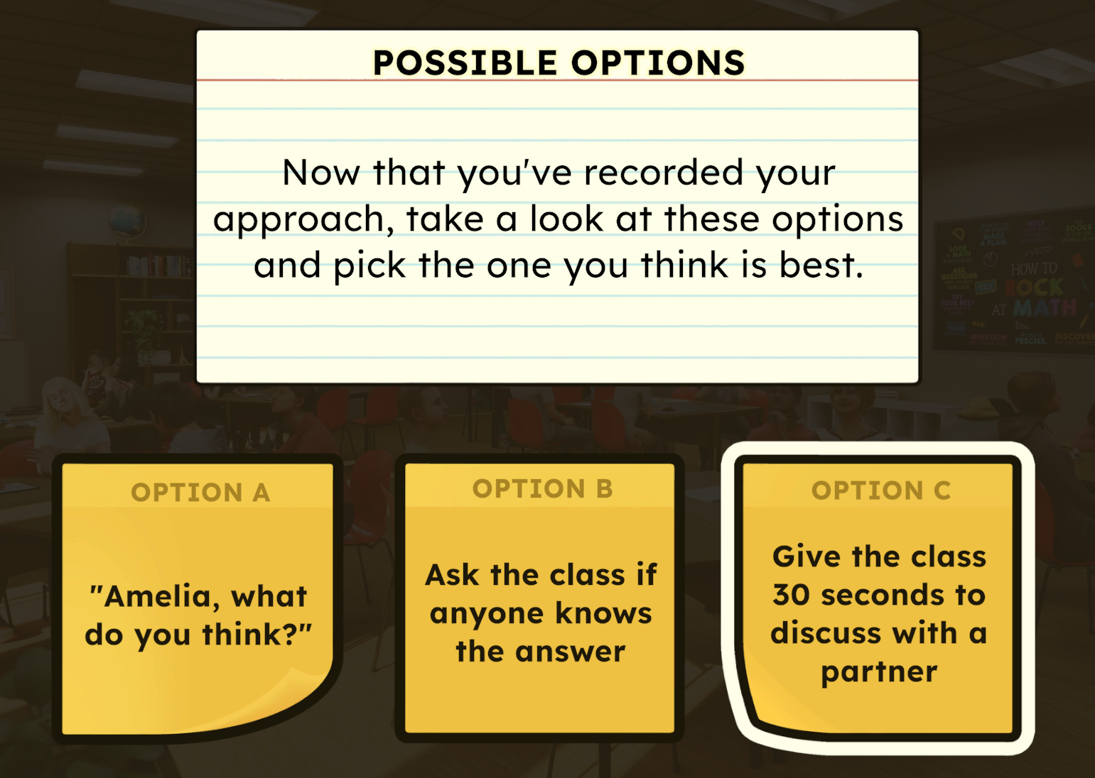 Teacher simulation branching dialogue options