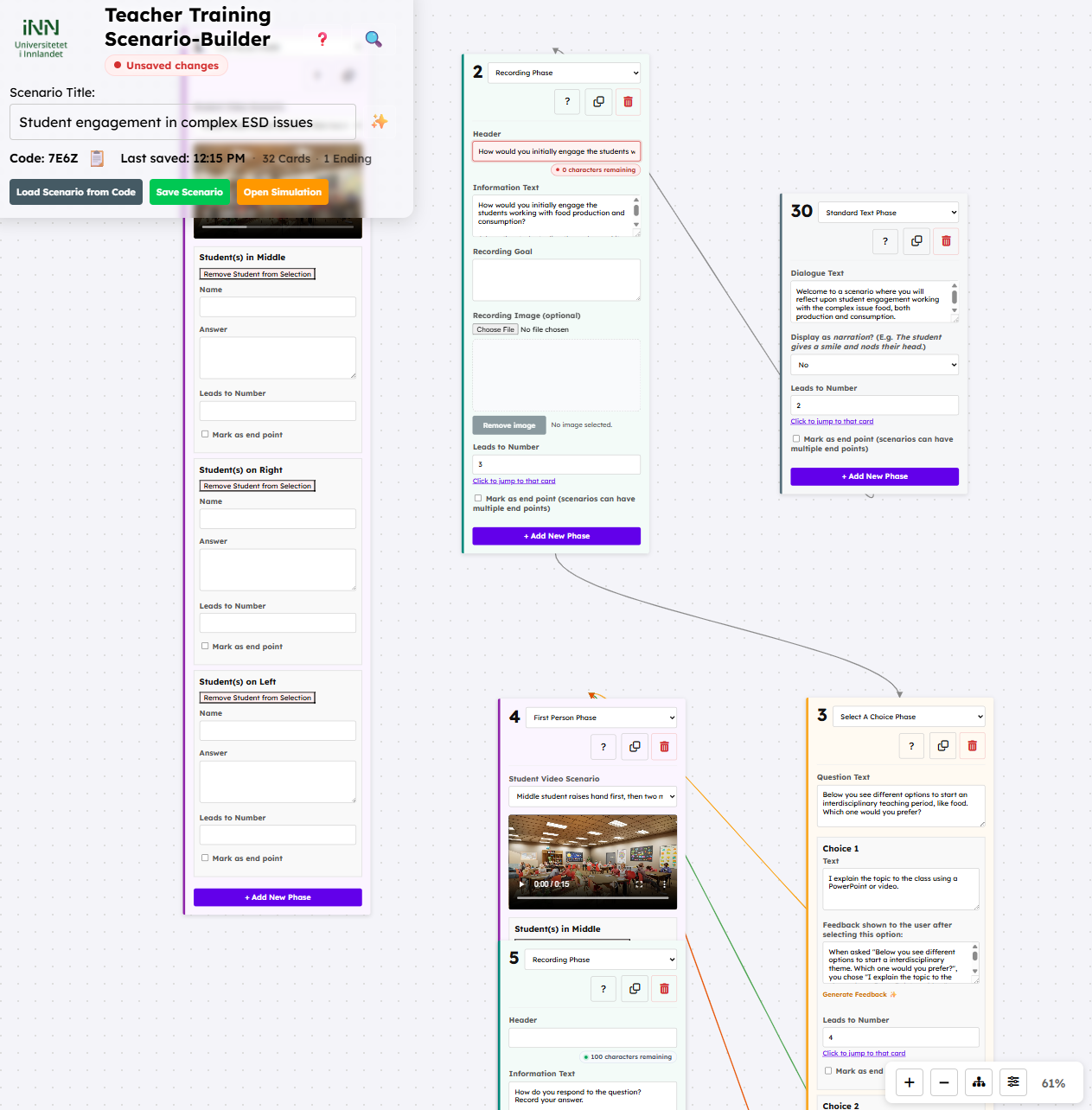 Teacher simulation scenario builder editor interface